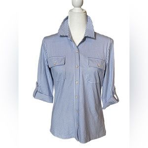 J McLaughlin Women’s Blue White Checked Button Up Shirt 3/4 Sleeves, Small